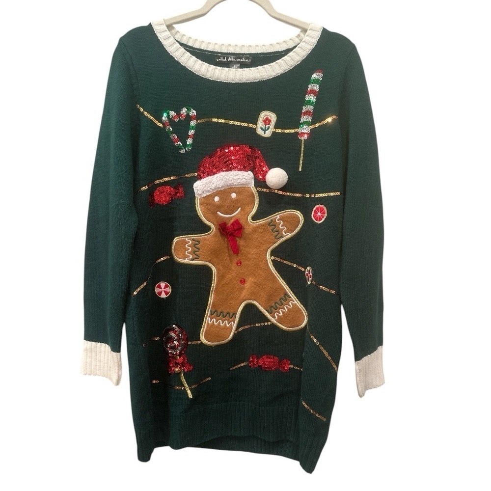 Holiday Gingerbread Sweater Ugly Christmas Sweater Green Festive Sequins Sz L